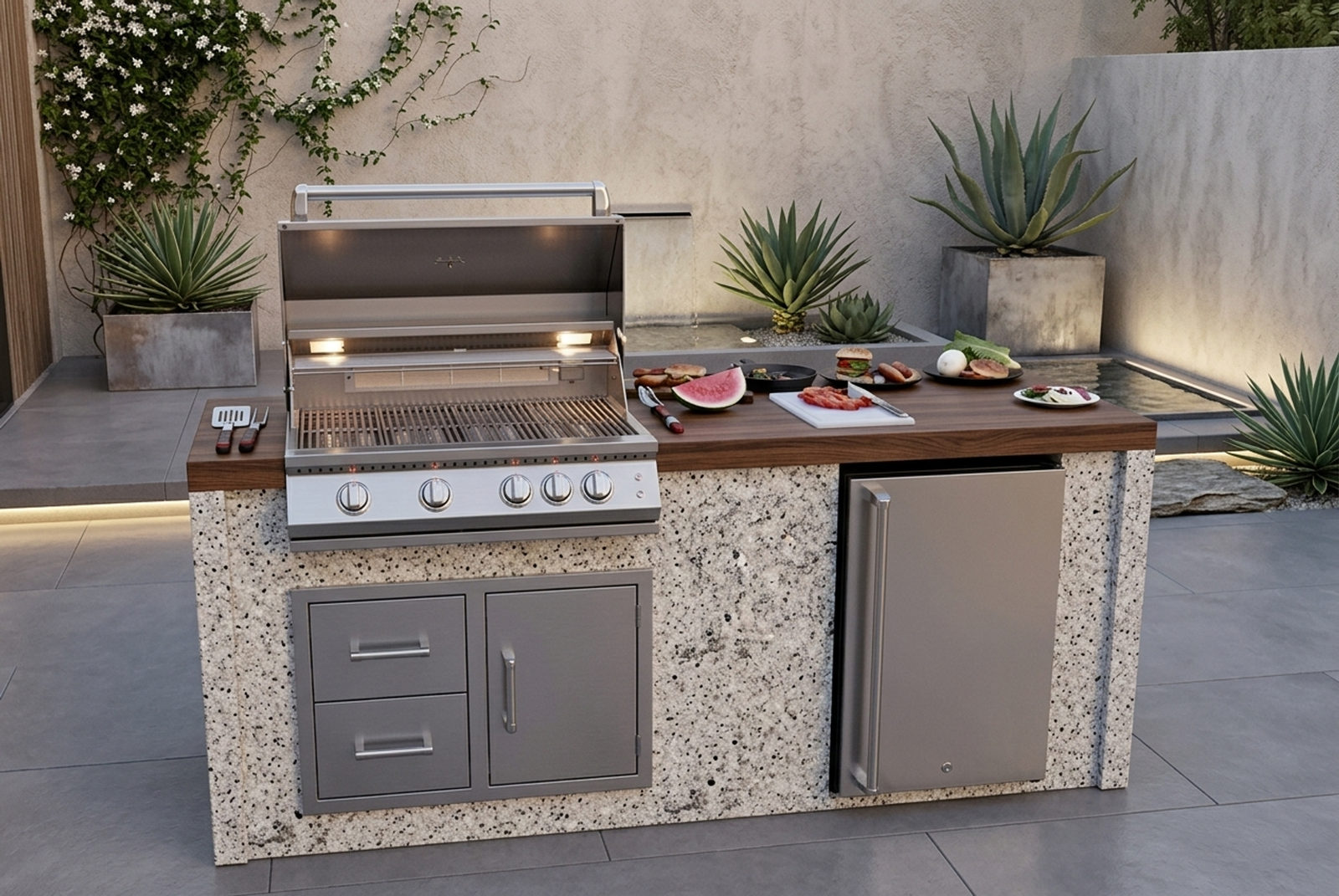 Kokomo Grills 7 Foot Outdoor Kitchen with Grill, Fridge, Shiplap and Waterfall Edge Countertops