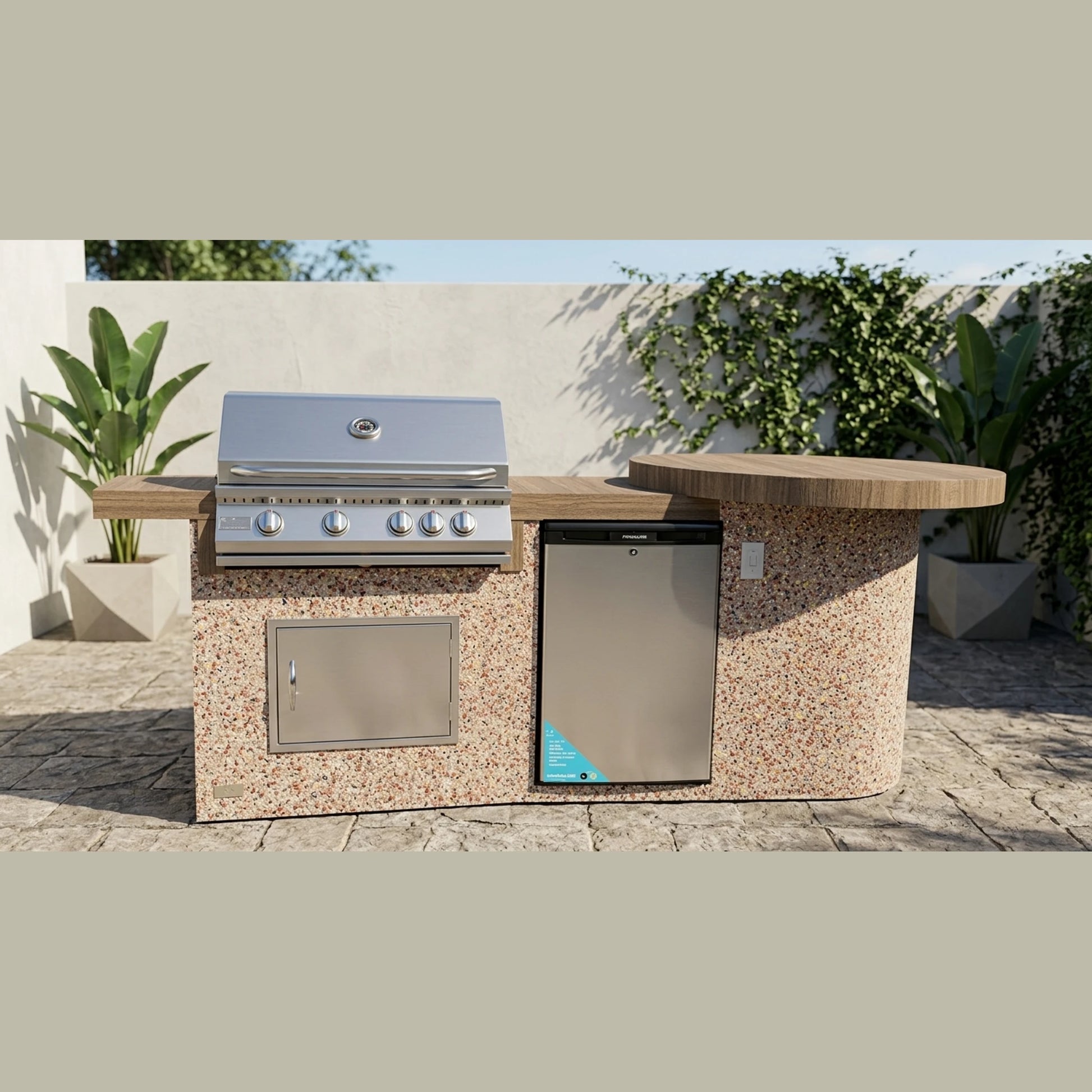 KoKoMo Grills 9 Ft Round Bar BBQ Island Built-in Grill - Ameristone Stucco River Rock finish