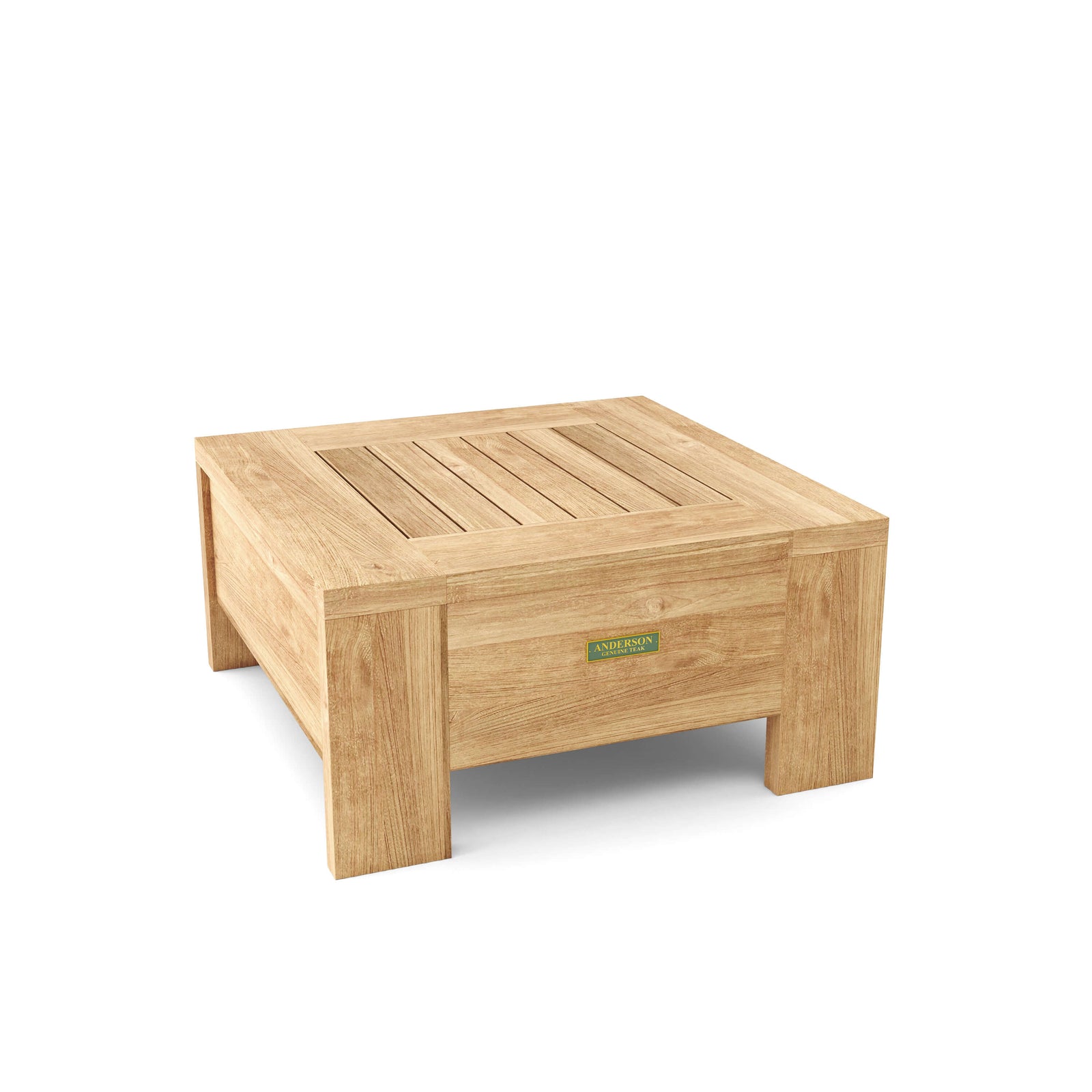 Wooden coffee table with a brand logo on a white background