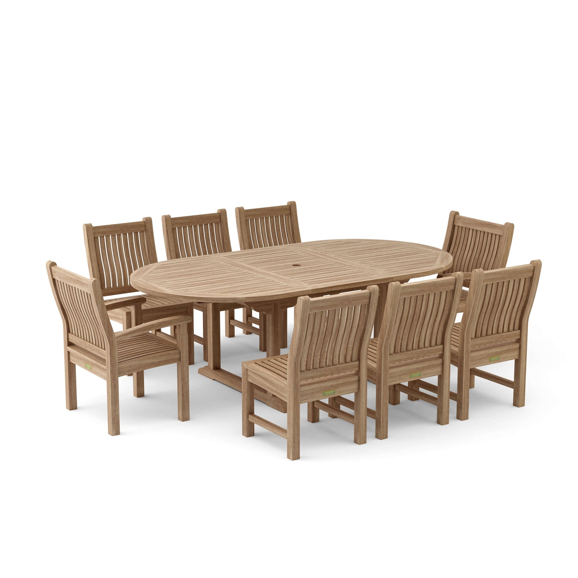 Wooden outdoor dining set with oval table and eight chairs on a white background