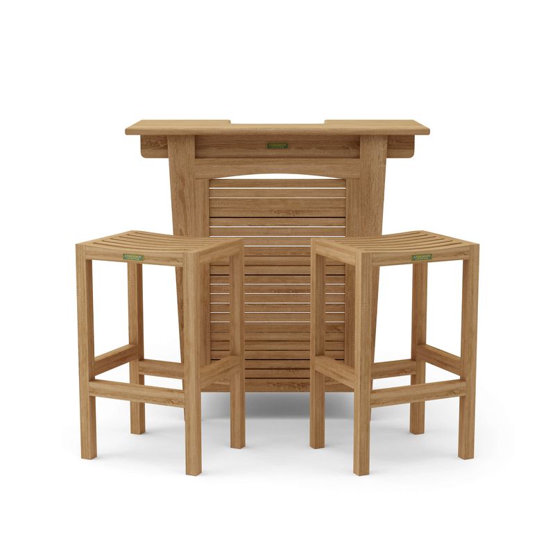 Set of wooden outdoor furniture including a table and two stools on a white background