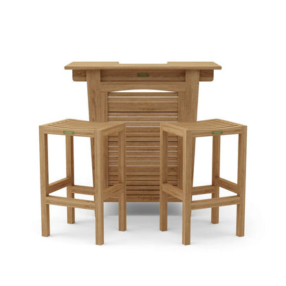 Set of wooden outdoor furniture including a table and two stools on a white background