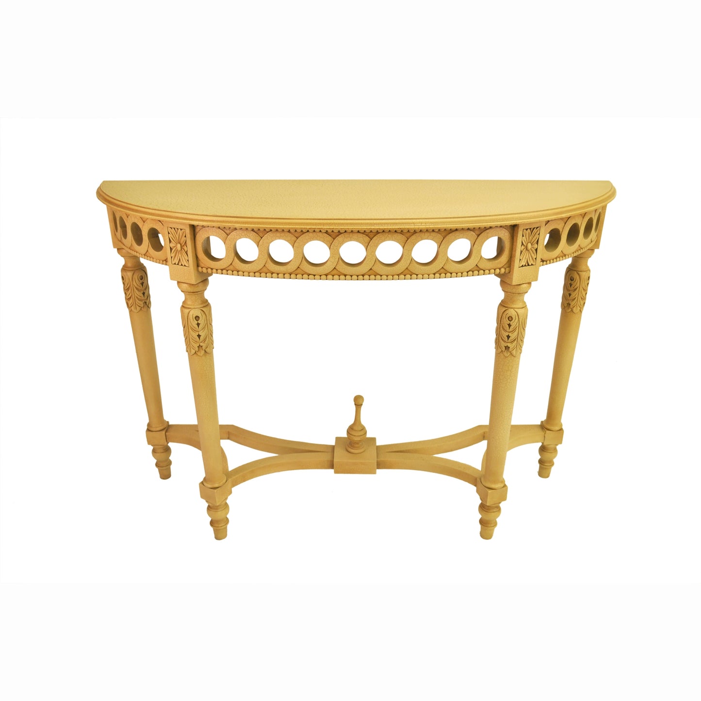 Decorative yellow console table with intricate carvings on a white background