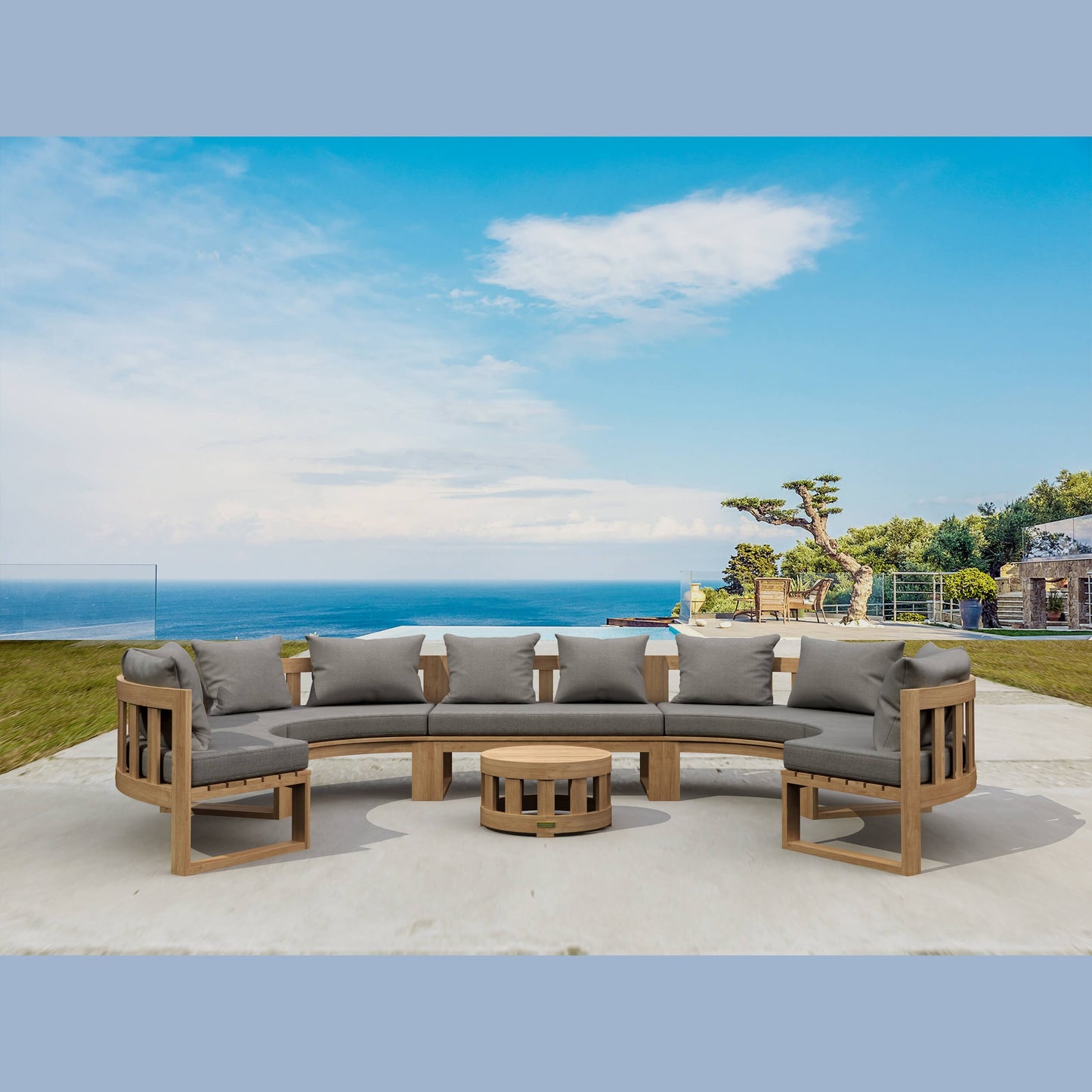 Outdoor patio furniture set with ocean view