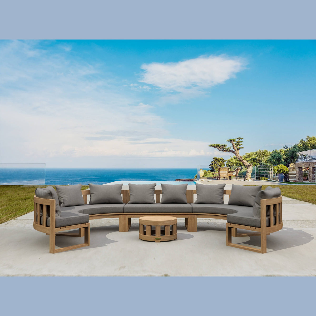 Outdoor patio furniture set with ocean view