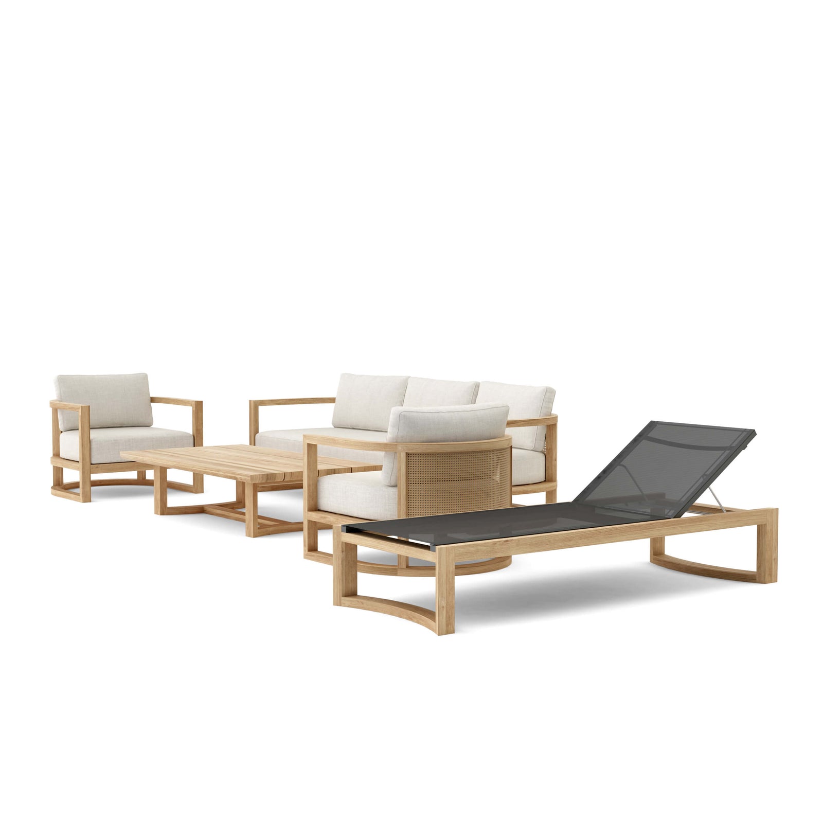 Outdoor furniture set with chairs, table, and lounge chair on a white background