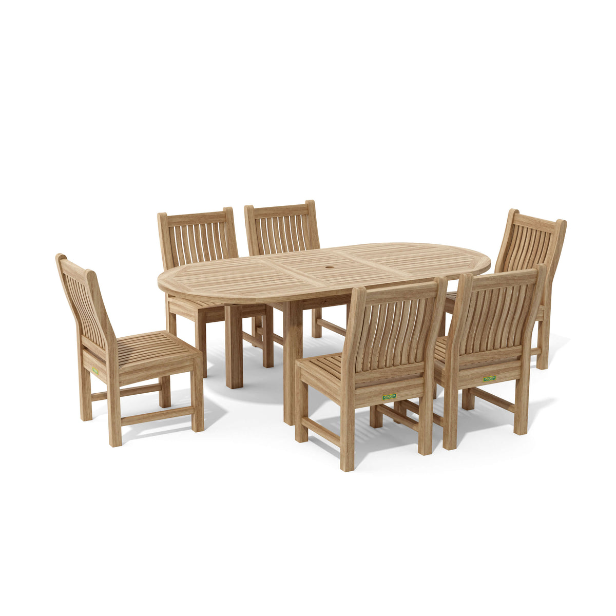 Wooden dining set with oval table and six chairs on a white background