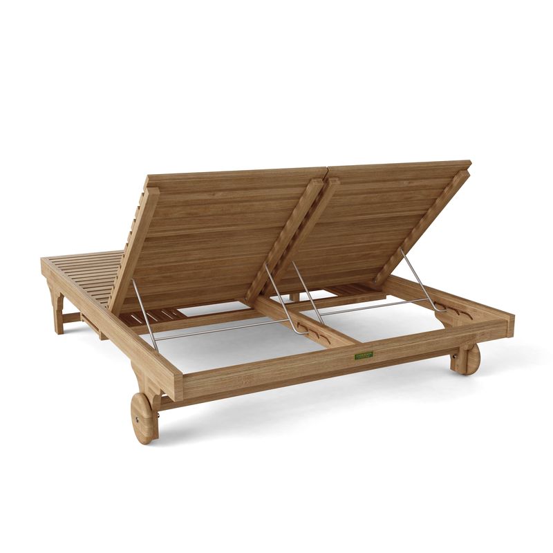 Wooden outdoor lounge chair with adjustable canopy on a white background
