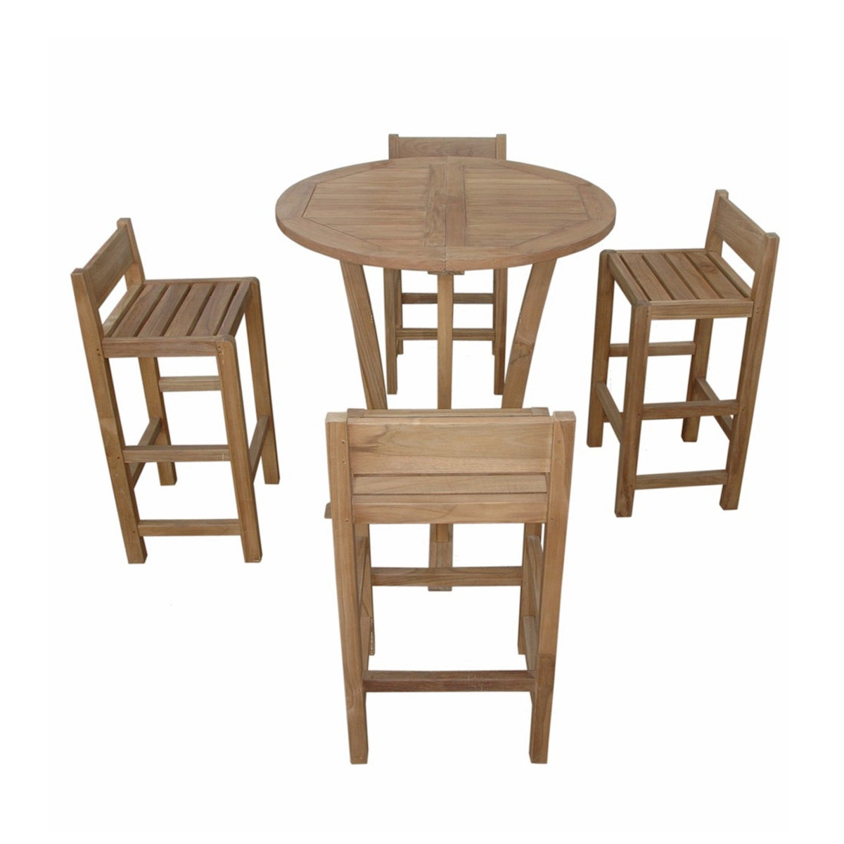 Wooden outdoor table with four matching chairs on a white background