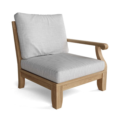 Wooden armchair with light gray cushions on a white background