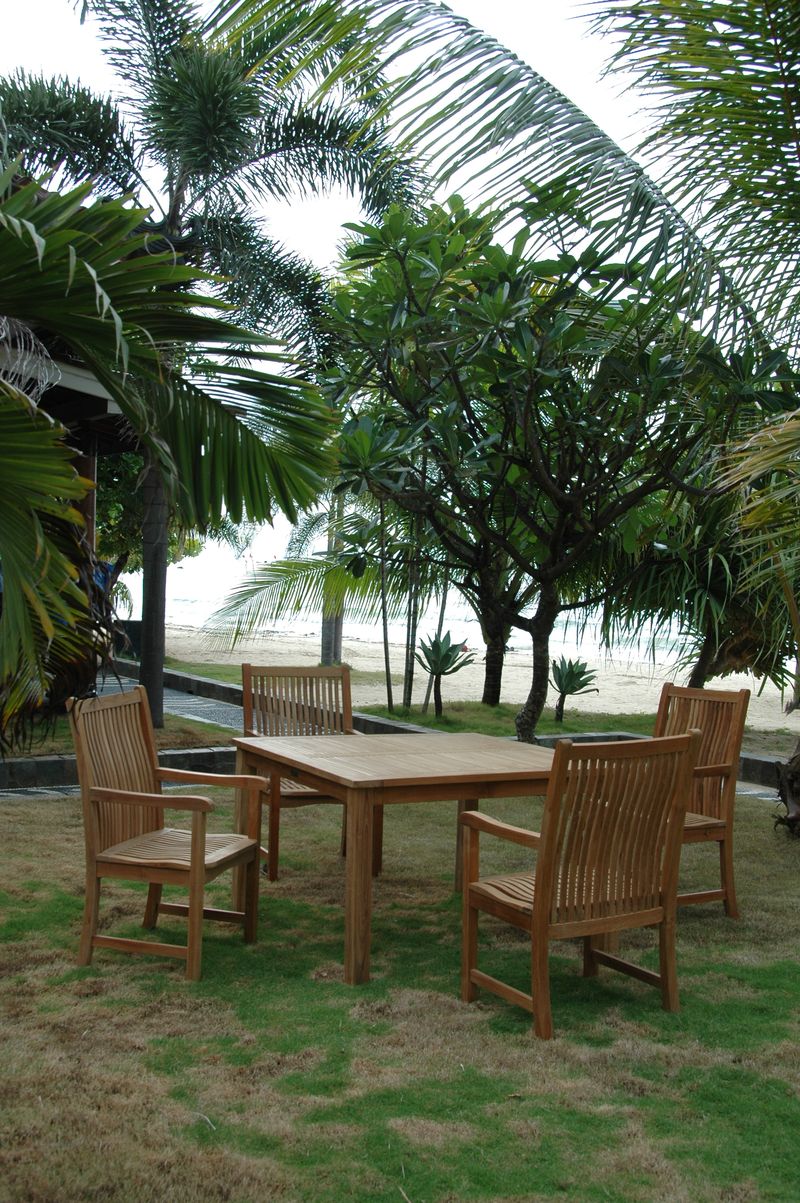 Wooden outdoor dining set with chairs on a grassy area near palm trees and a beach.