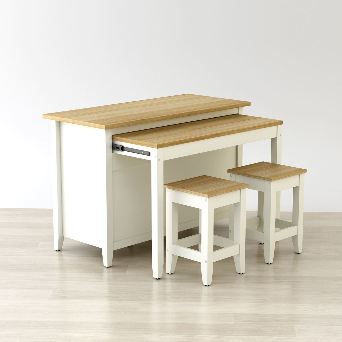 Set of wooden tables and stools on a light wooden floor with a white background