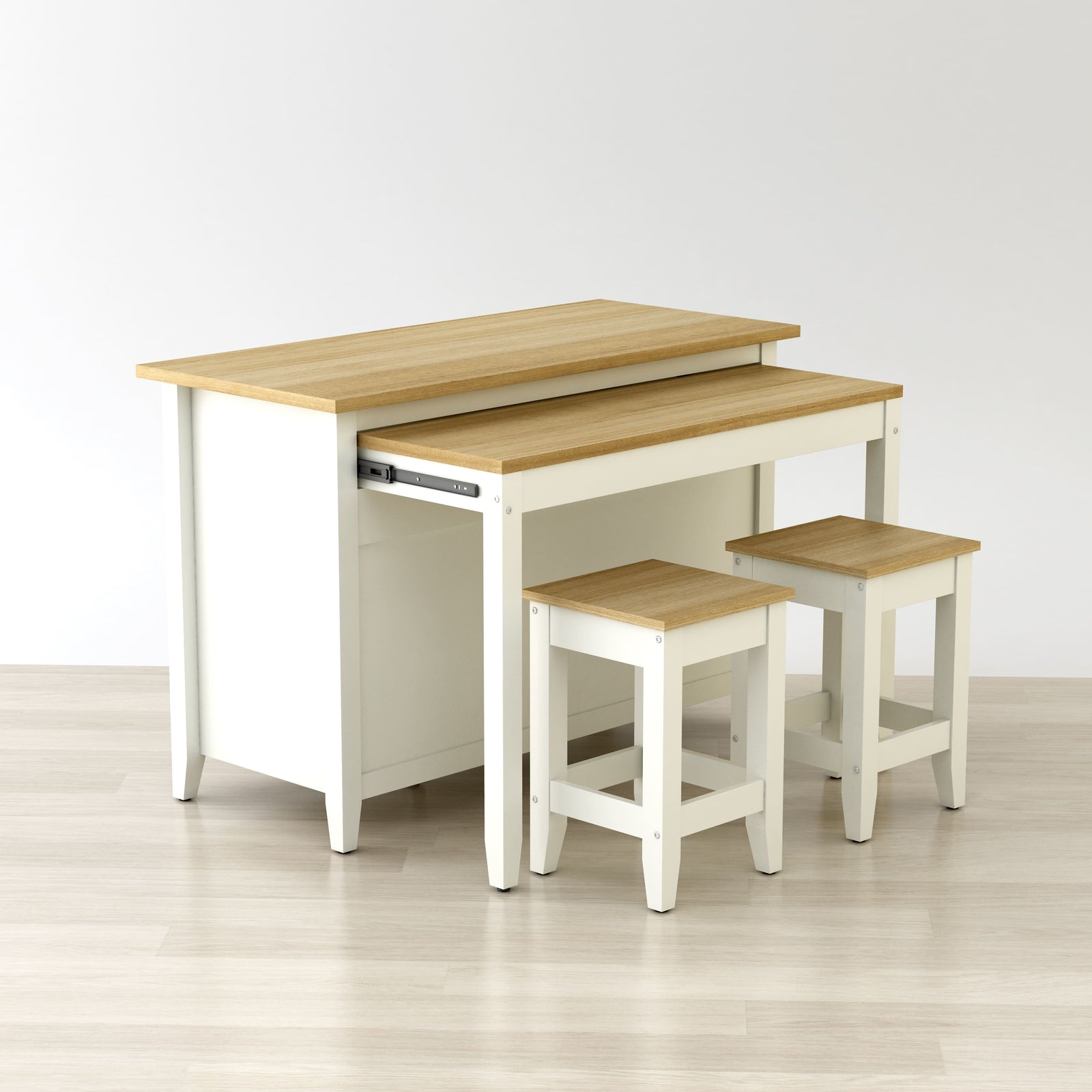 Set of wooden tables and stools on a light wooden floor with a white background