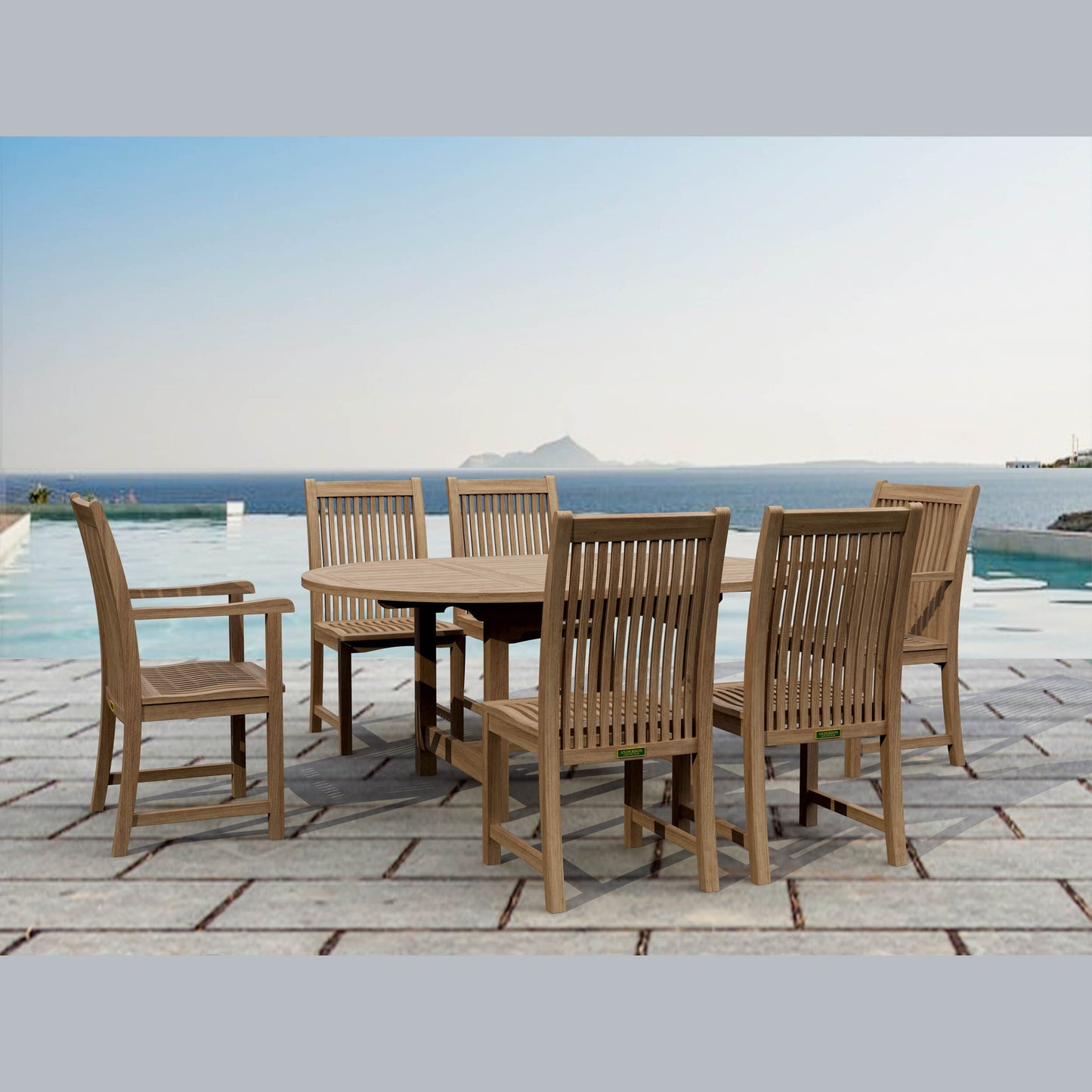 Wooden outdoor dining set with table and chairs by a poolside.
