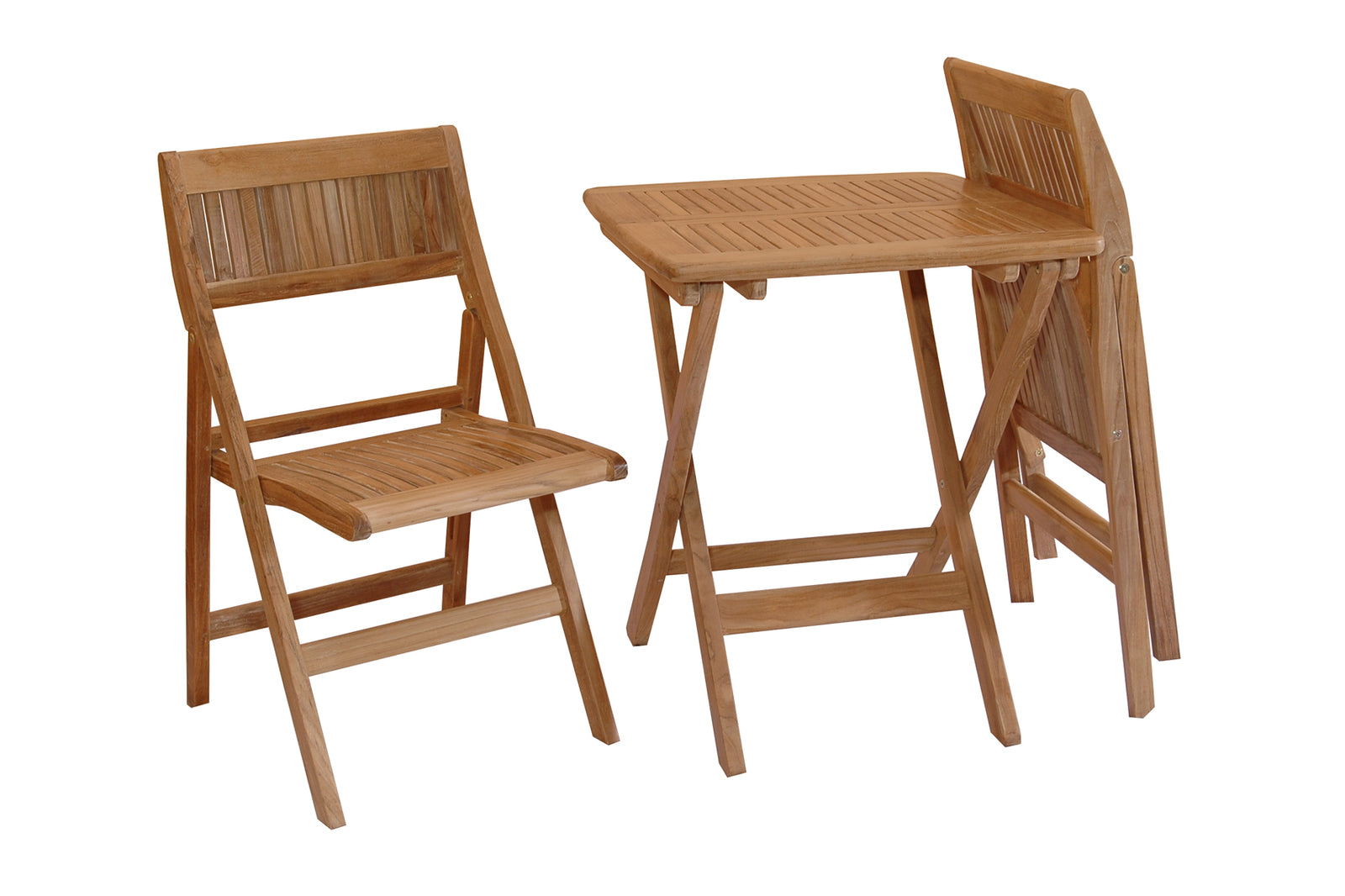 Wooden folding table and chairs set on a white background
