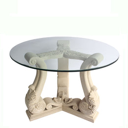 Fleur Dining Table - Cast Limestone Base with Glass Top Ornate Design