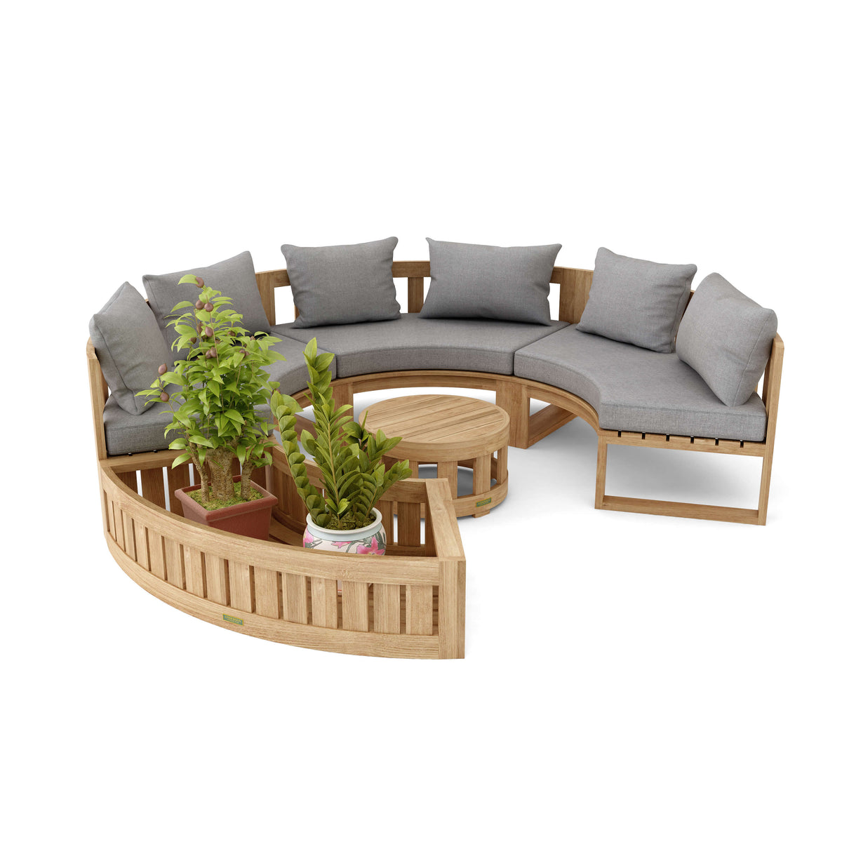 Wooden outdoor furniture set with gray cushions and potted plants on a white background