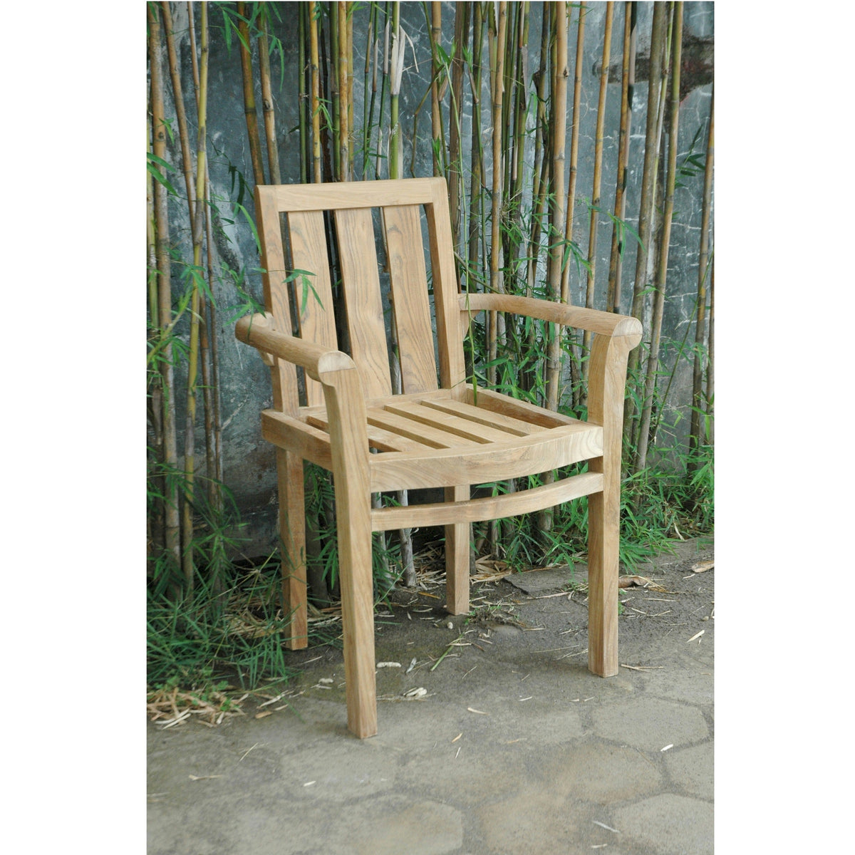 Anderson Teak Classic Stackable Armchair Set of 4 - angled view showing teak slat back