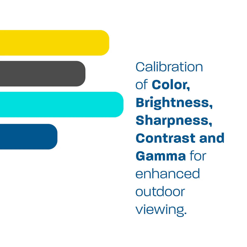 Color calibration bars with text on a white background