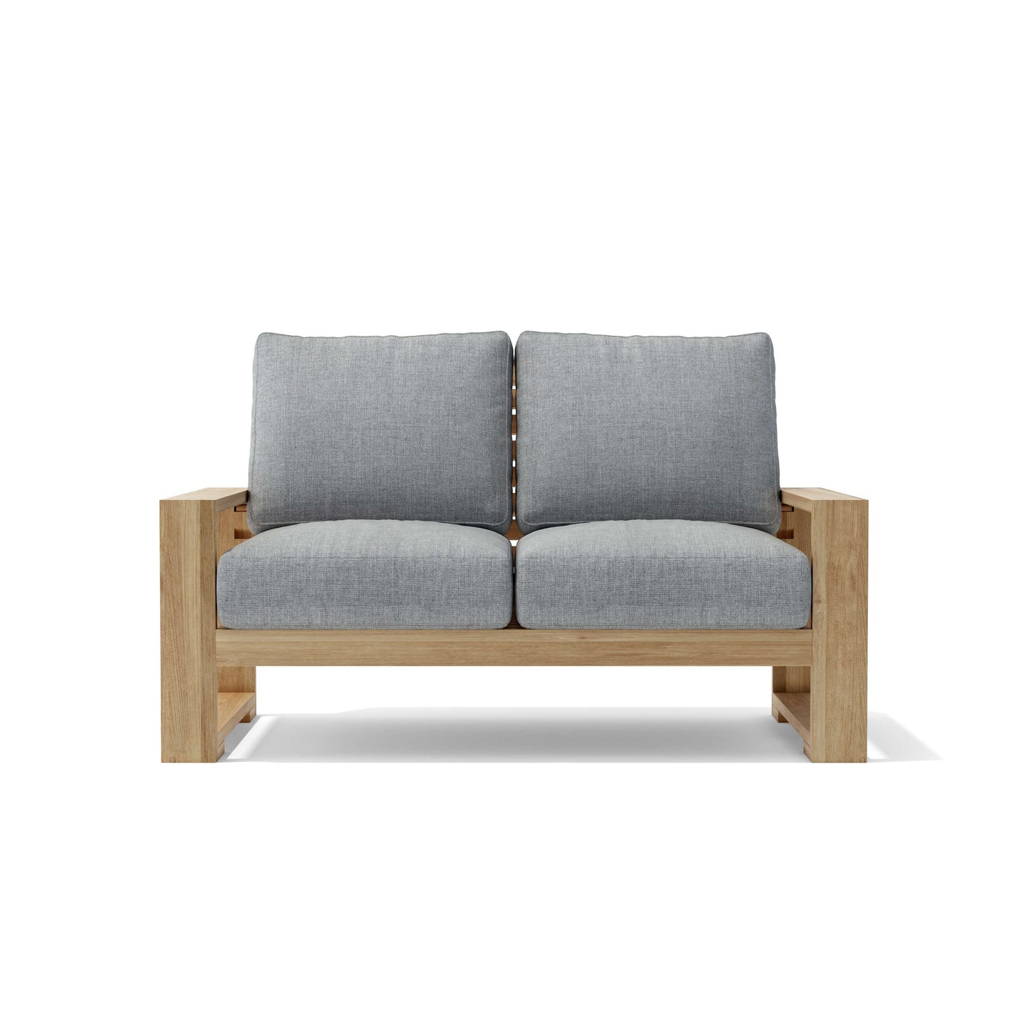Anderson Teak Capistrano Deep Seating Loveseat - side view of teak loveseat with cushions