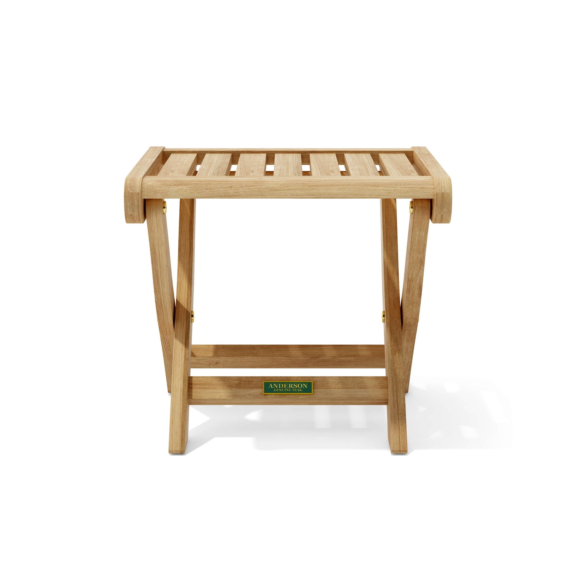 Wooden stool with a visible brand label on a white background