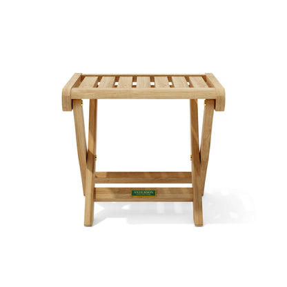 Wooden stool with a visible brand label on a white background