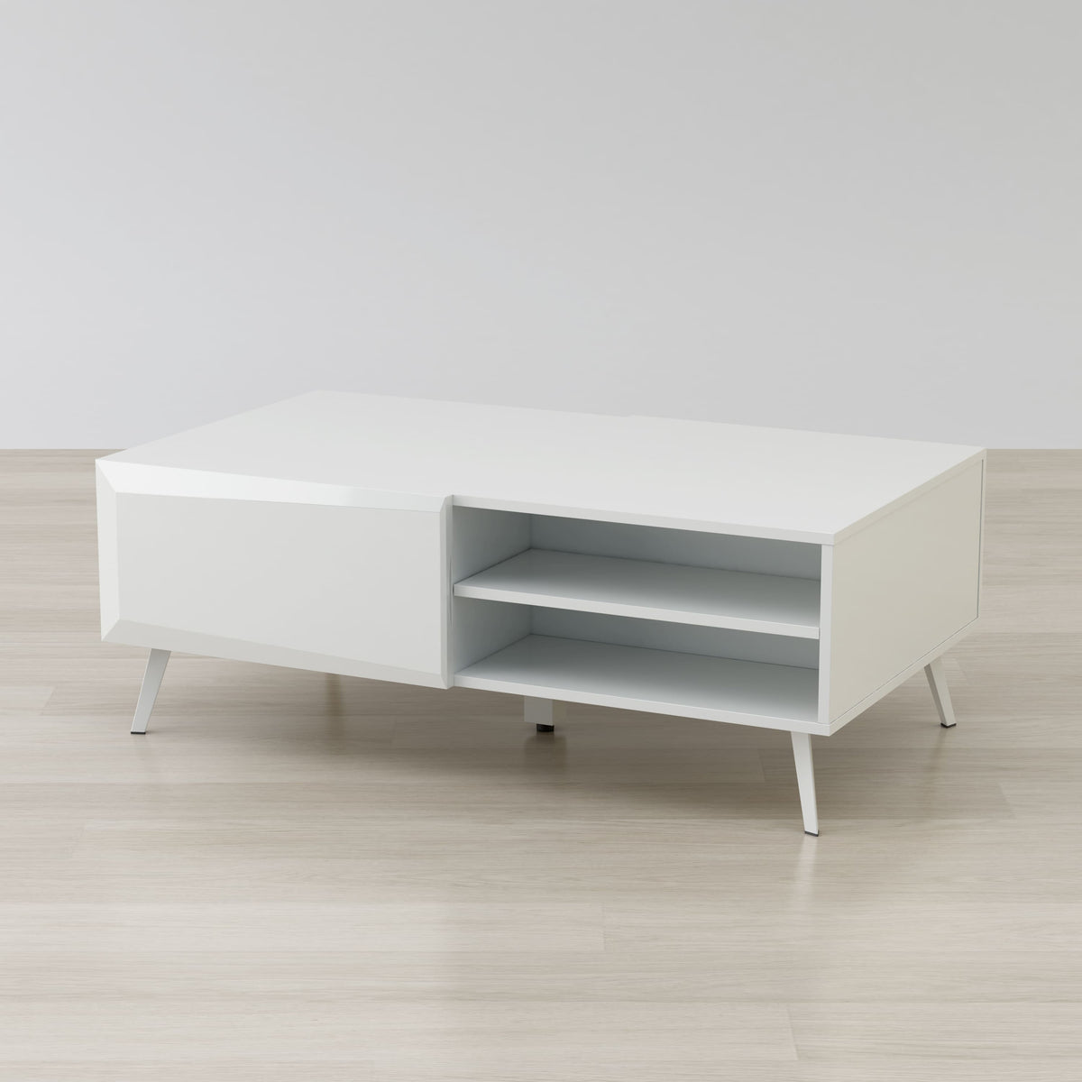 White entertainment console with shelves on a light wooden floor and white wall background