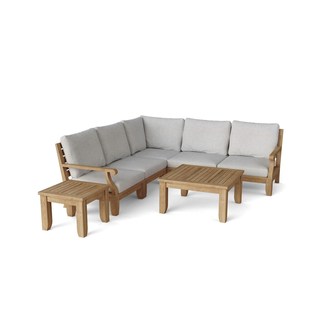 Outdoor furniture set with a sectional sofa, coffee table, and ottoman on a white background