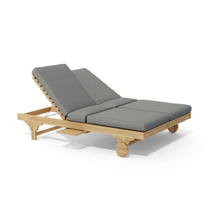 Wooden lounge chair with gray cushions on a white background