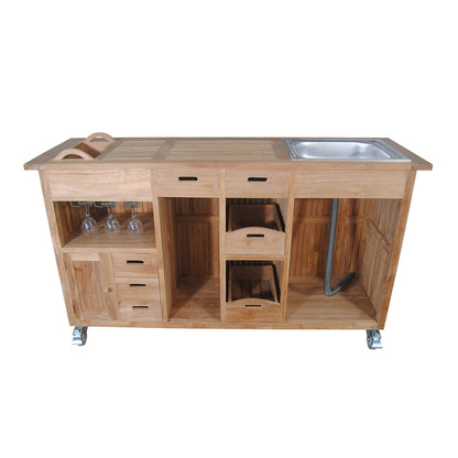 Wooden kitchen island with sink and storage compartments on a white background