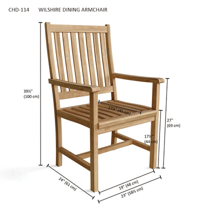 Wooden dining armchair with dimensions labeled on a white background