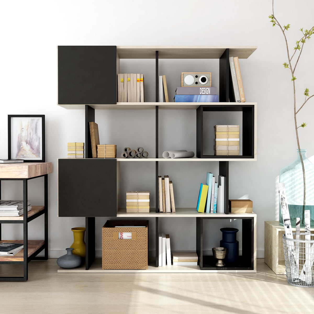 Modern bookshelf with books and decorative items against a white wall