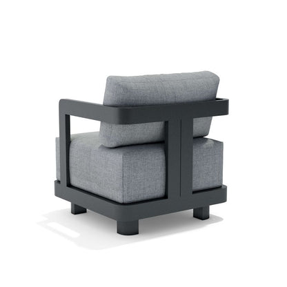 Modern armchair with gray cushions and black frame on a white background