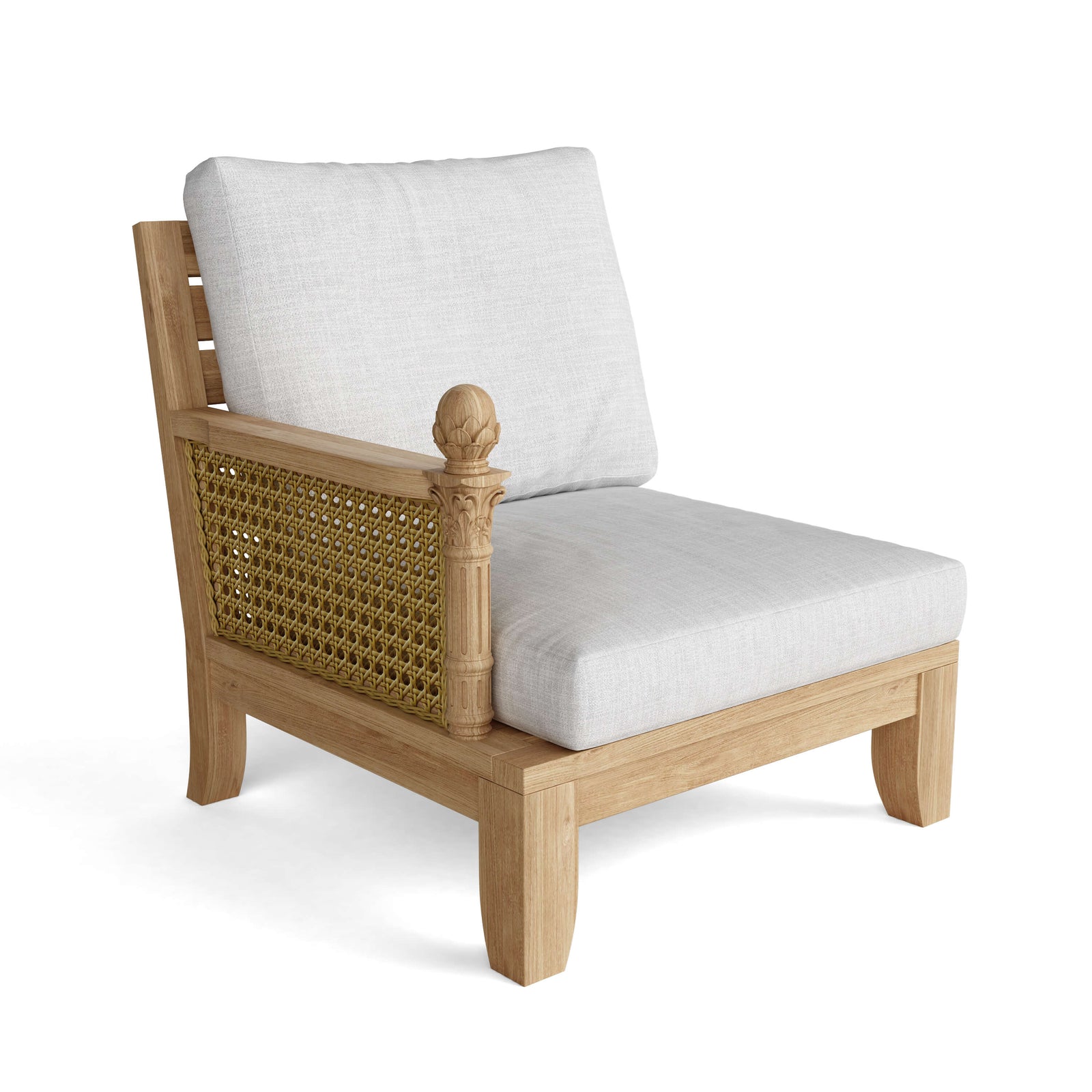Wooden armchair with wicker backrest and white cushion on a white background