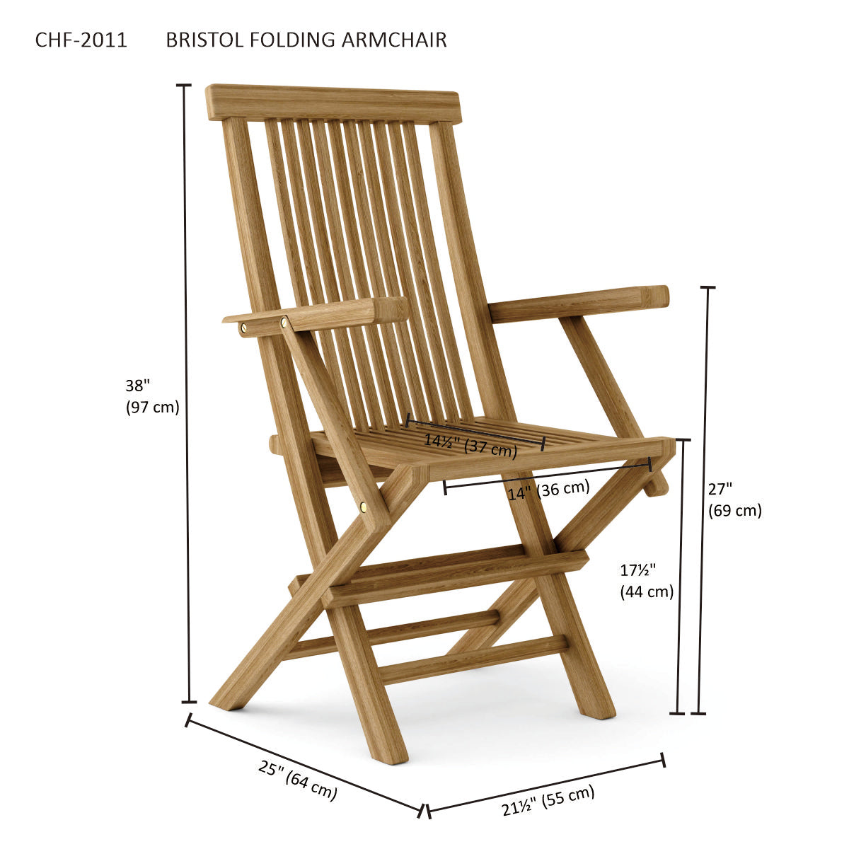 Anderson Teak Bristol Folding Teak Armchair - solid teak folding chair angle view