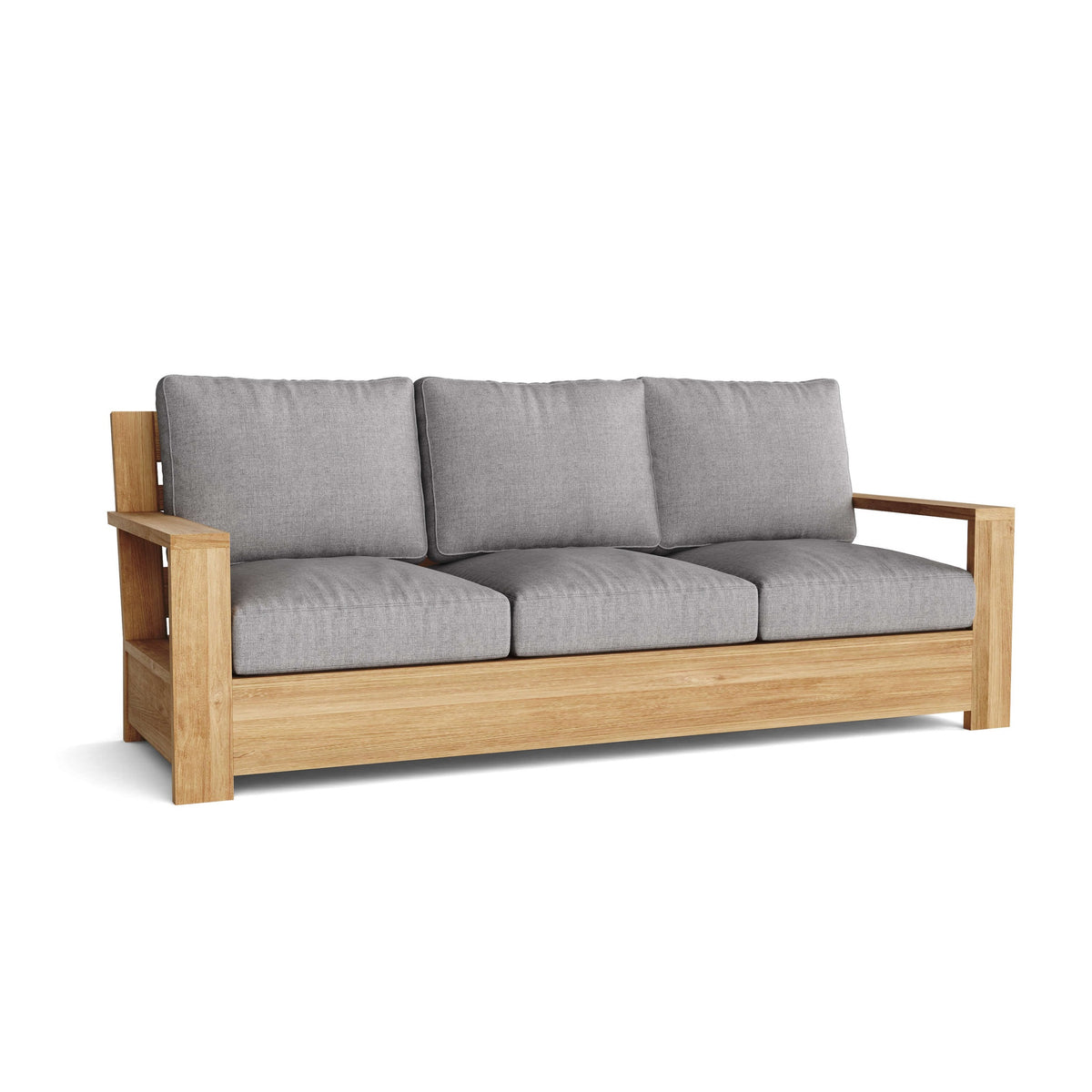 Wooden sofa with gray cushions on a white background
