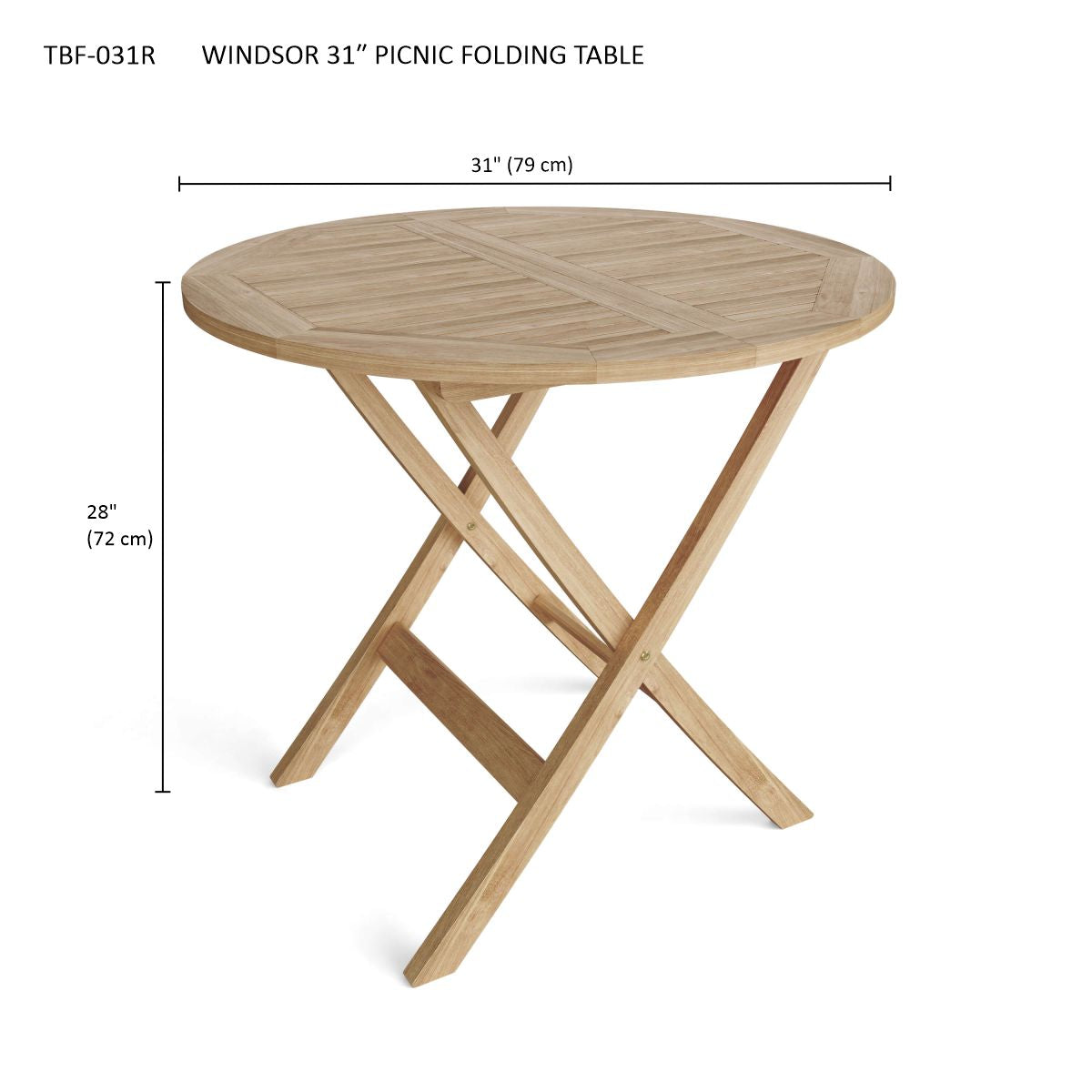 Wooden picnic folding table with dimensions on a white background