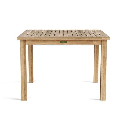 Wooden table with a visible brand logo on a white background