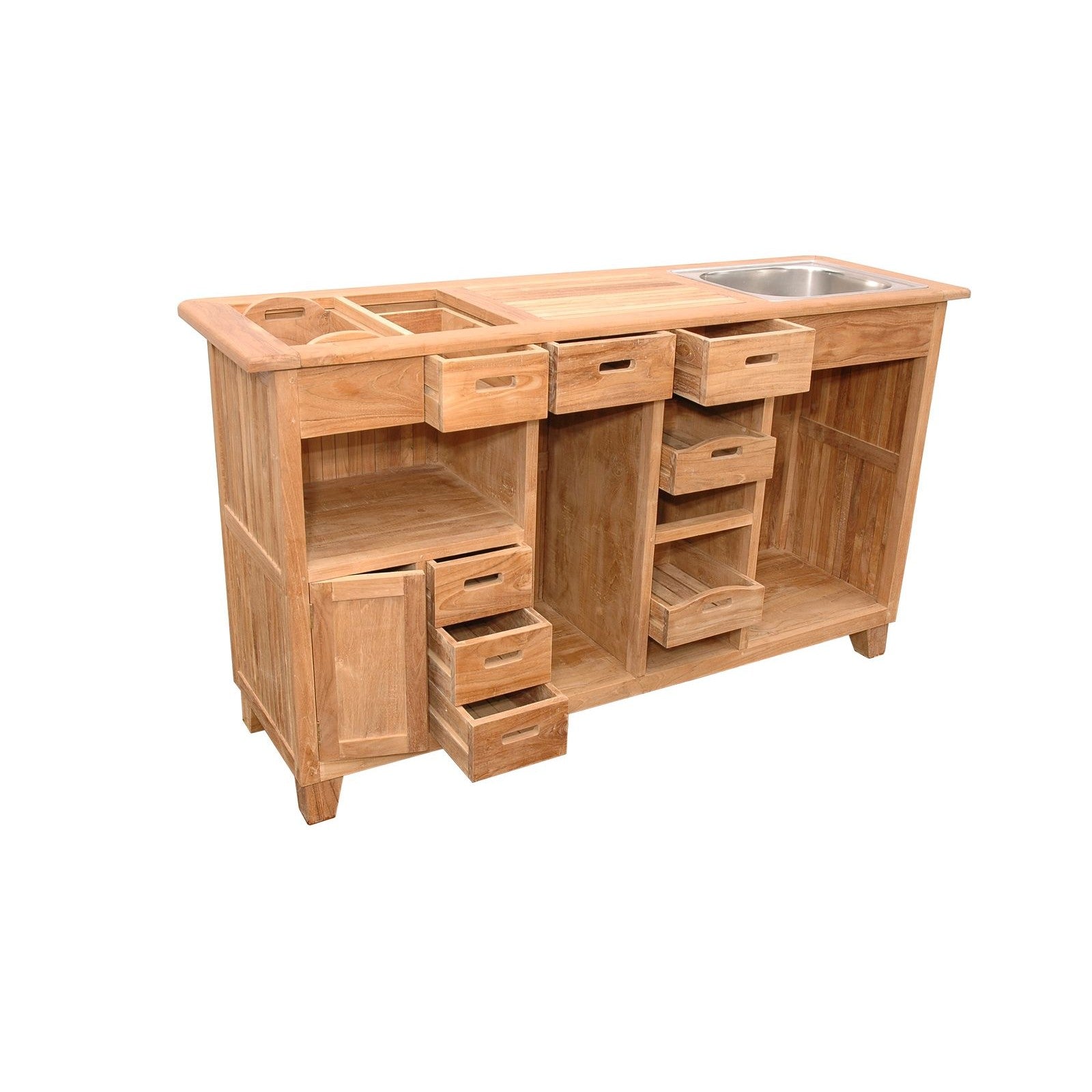 Wooden kitchen island with sink on a white background