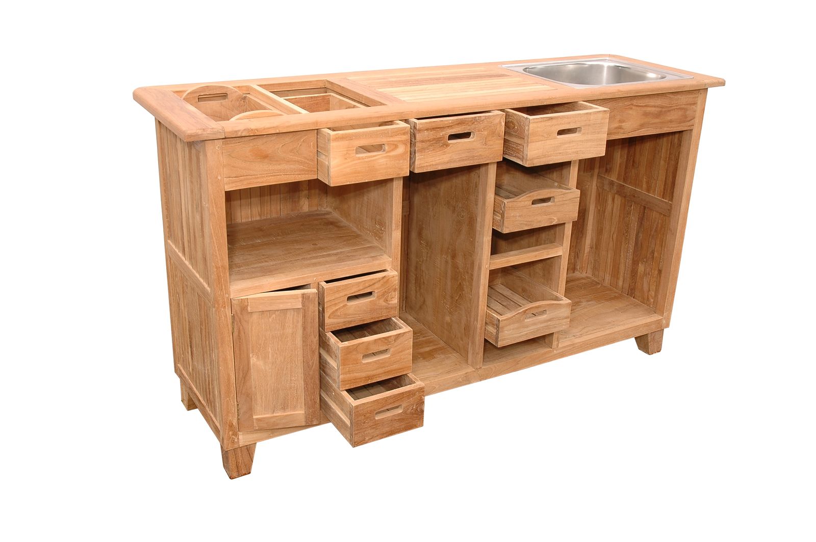 Wooden kitchen island with sink on a white background