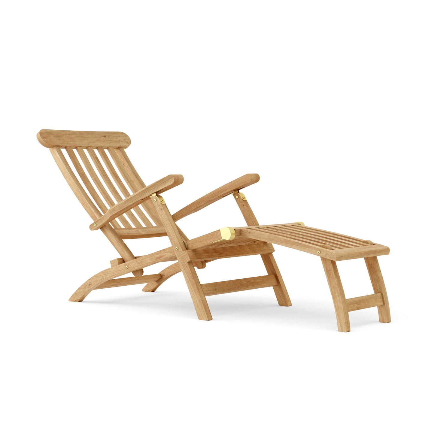 Wooden deck chair with ottoman on a white background