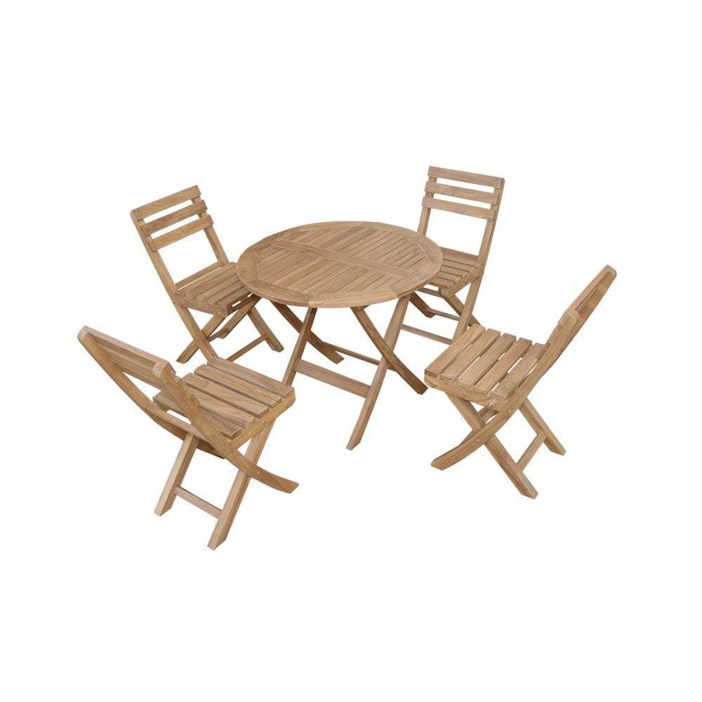 Wooden outdoor table with four matching chairs on a white background