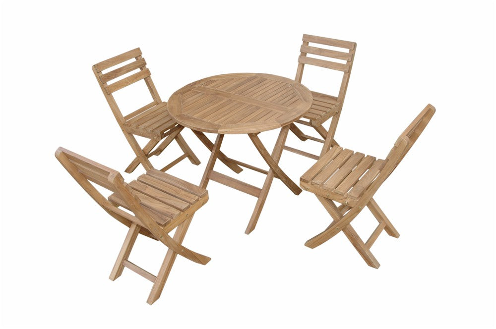 Wooden outdoor table with four matching chairs on a white background