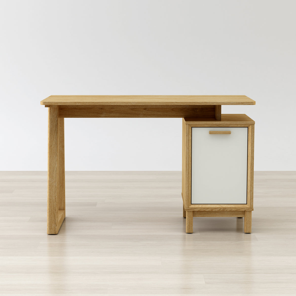 Wooden desk with a white cabinet on a light wooden floor and white wall background