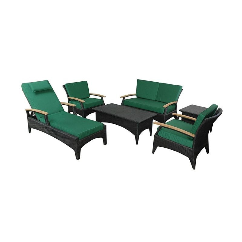 Outdoor furniture set with green cushions and black frames on a white background