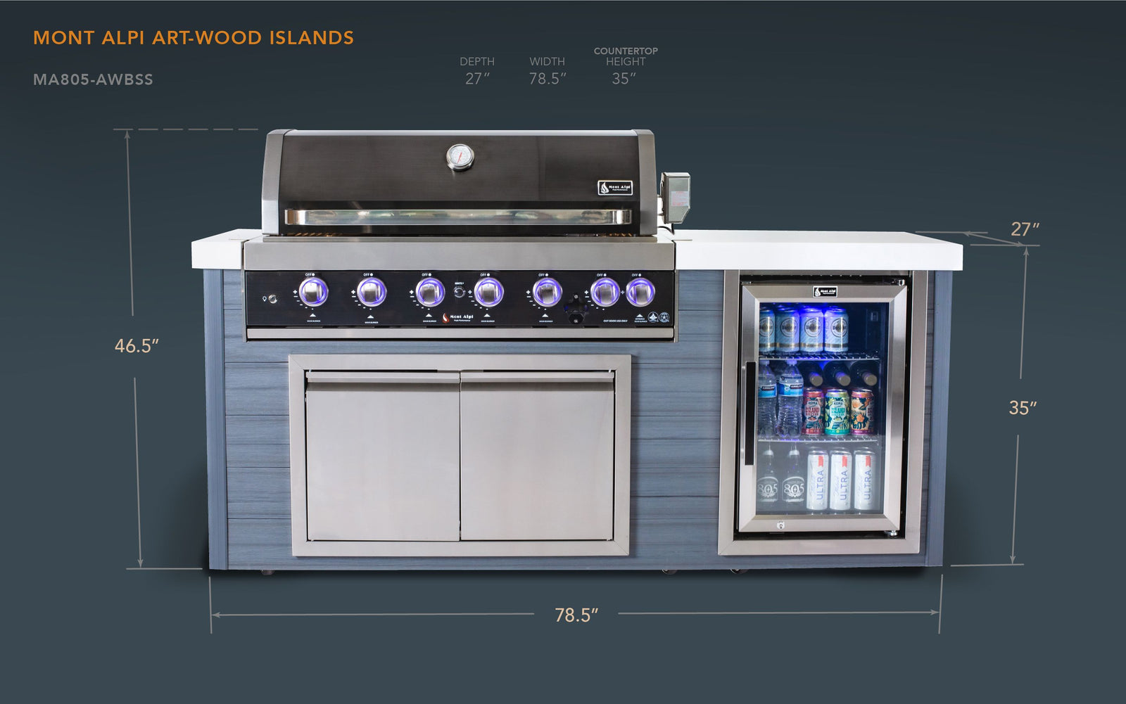 Mont Alpi 78 Inch 6-Burner Artwood Island with Refrigerator in Black Stainless Steel