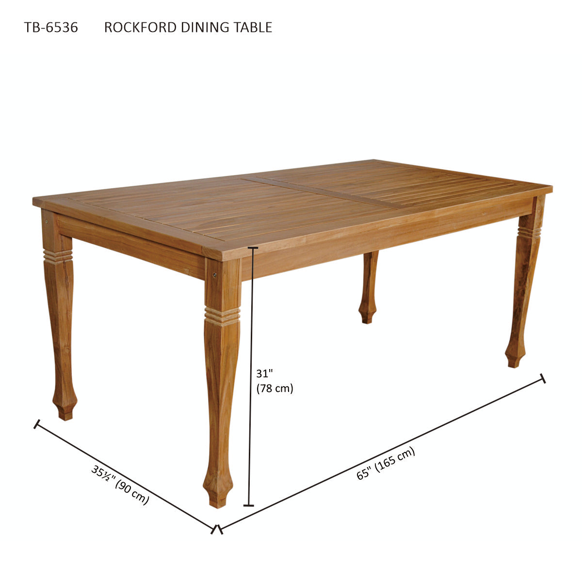 Anderson Teak Rockford Rectangular Dining Table - top view of engraved solid teak outdoor table
