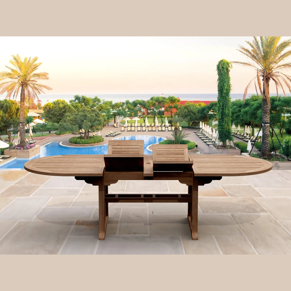 Wooden outdoor dining table with chairs in a luxurious garden setting with palm trees and a pool.