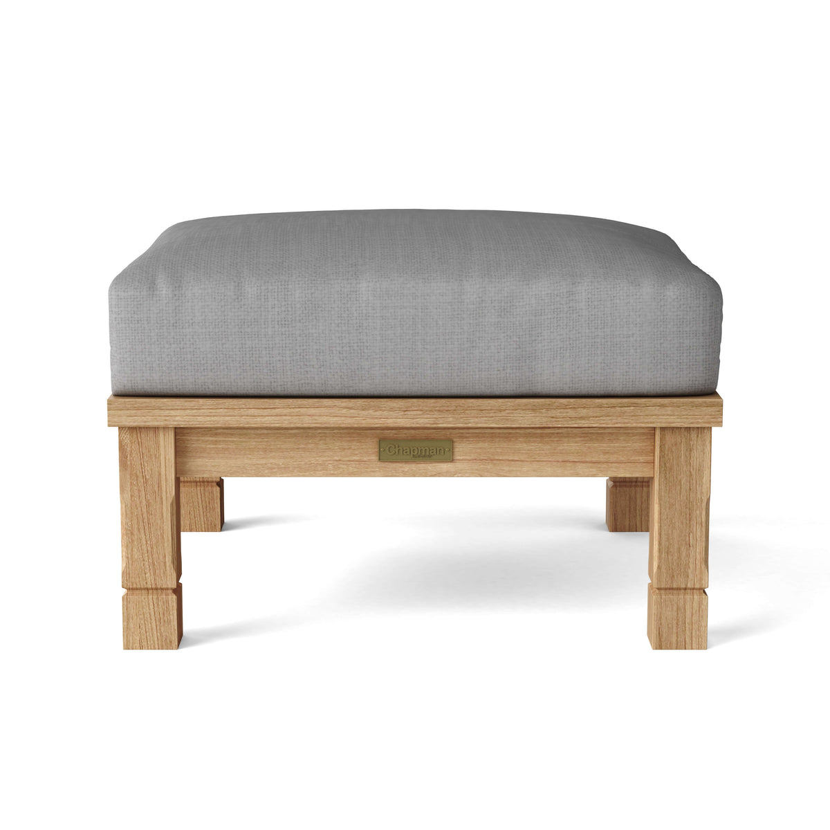 Wooden ottoman with a gray cushion on a white background