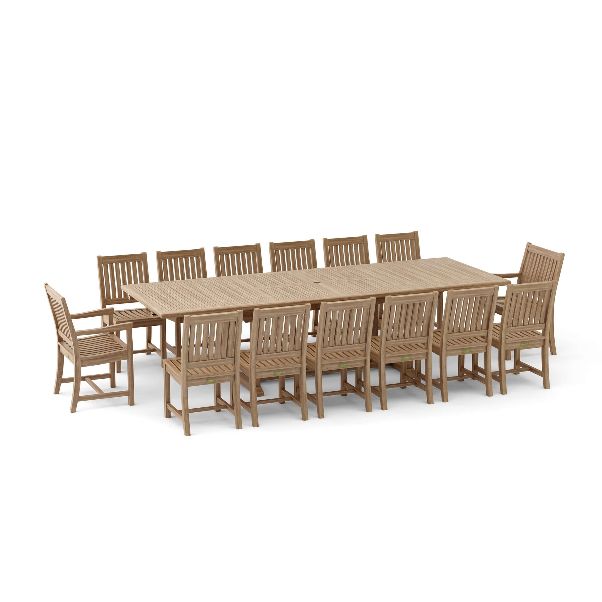 Wooden outdoor dining set with a large table and multiple chairs on a white background